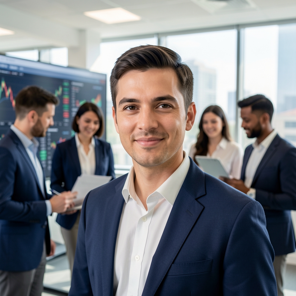 Diverse team of financial analysts collaborating around a large screen displaying market data and portfolio dashboards in a bright modern open-plan office