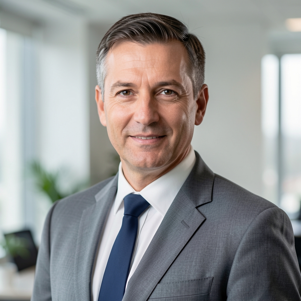 Professional headshot of a middle-aged male financial analyst in a grey suit against a neutral office background