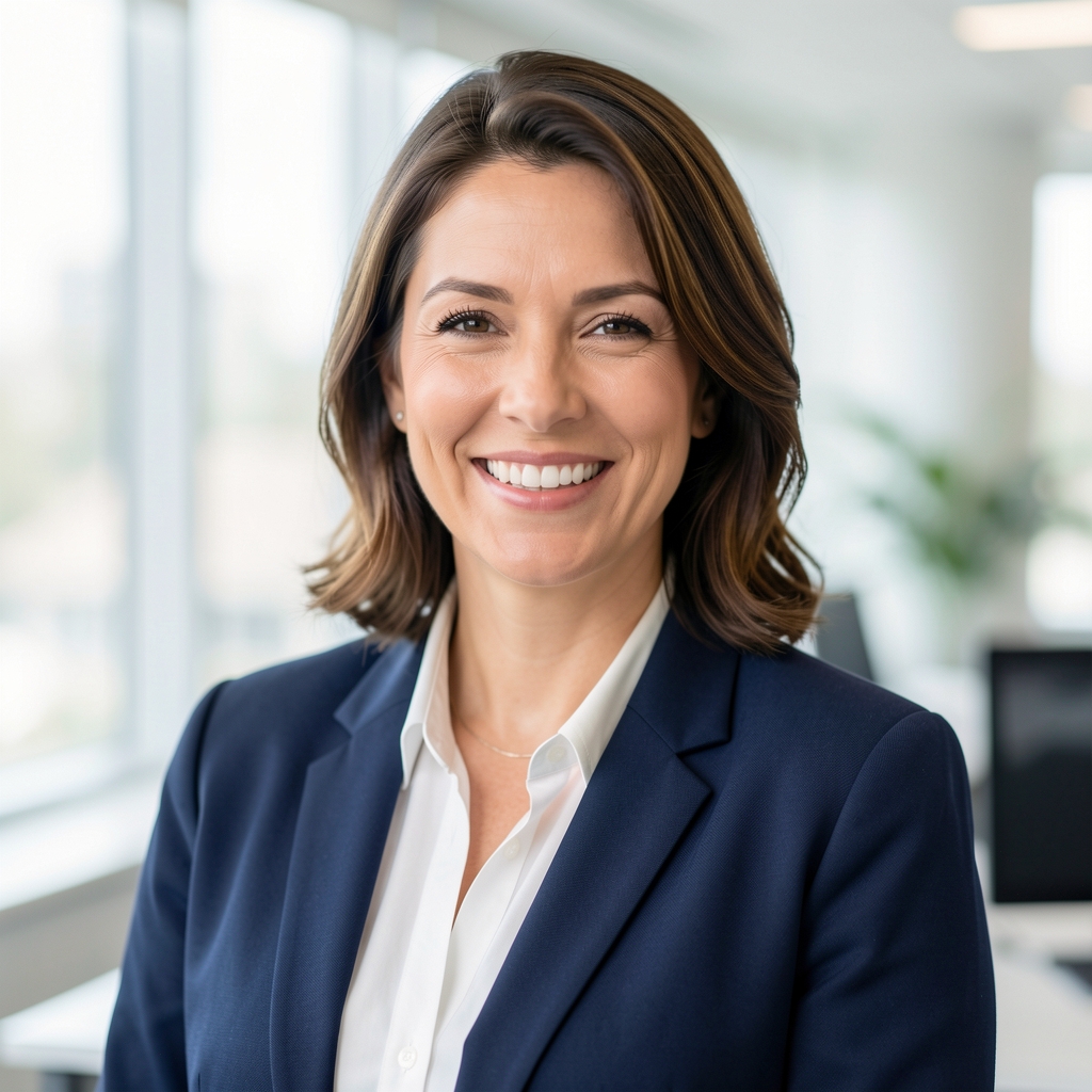 Professional headshot of a woman in a navy blazer smiling in a bright office environment representing a senior bond analyst
