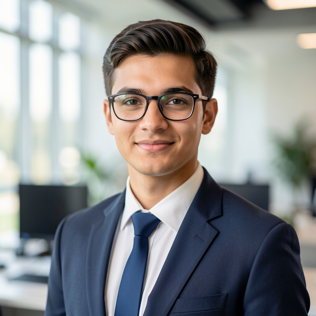 Professional headshot of a young male analyst with glasses in a modern office setting representing a commodities and macro research specialist