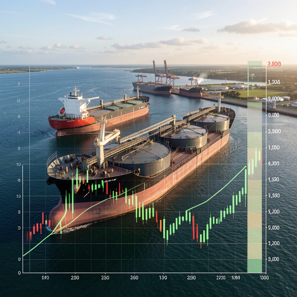 Aerial view of oil tankers at port with commodity price charts overlaid, representing global energy and raw materials markets