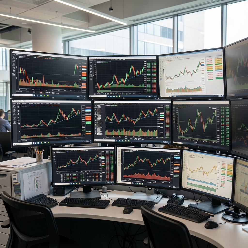 Global commodities trading floor with multiple screens showing price charts for crude oil, gold, and agricultural products