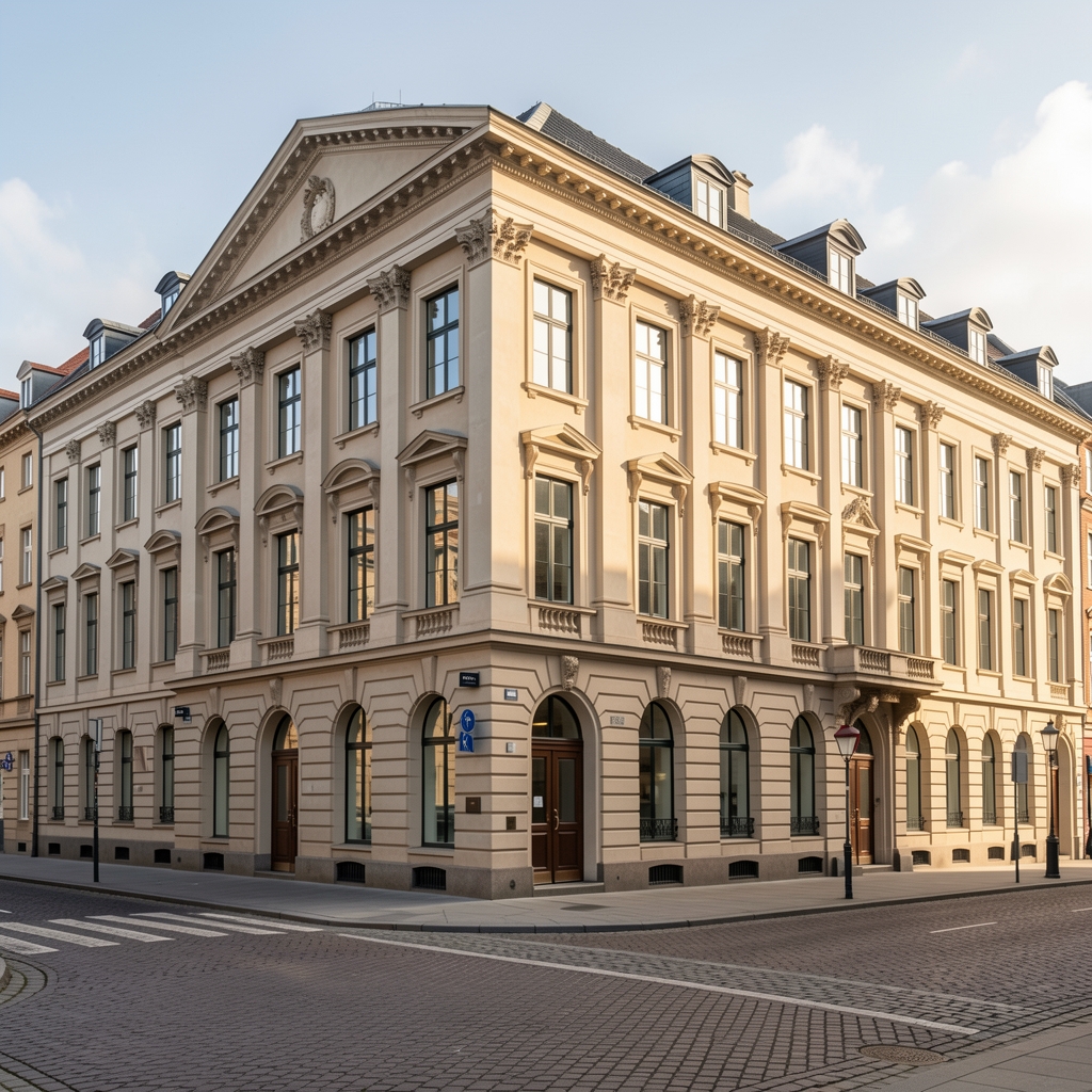 Historic Copenhagen building exterior on Nørre Voldgade street with neoclassical architecture representing the Axiom offices in the city centre