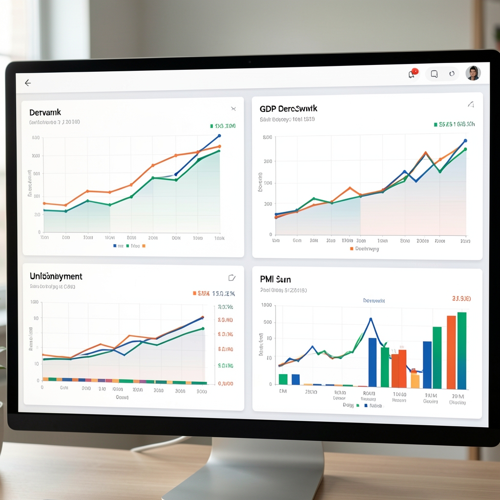 Economic data analysis screen showing GDP growth charts, inflation rate trends, unemployment data, and PMI survey results for Denmark and European Union macroeconomic dashboard