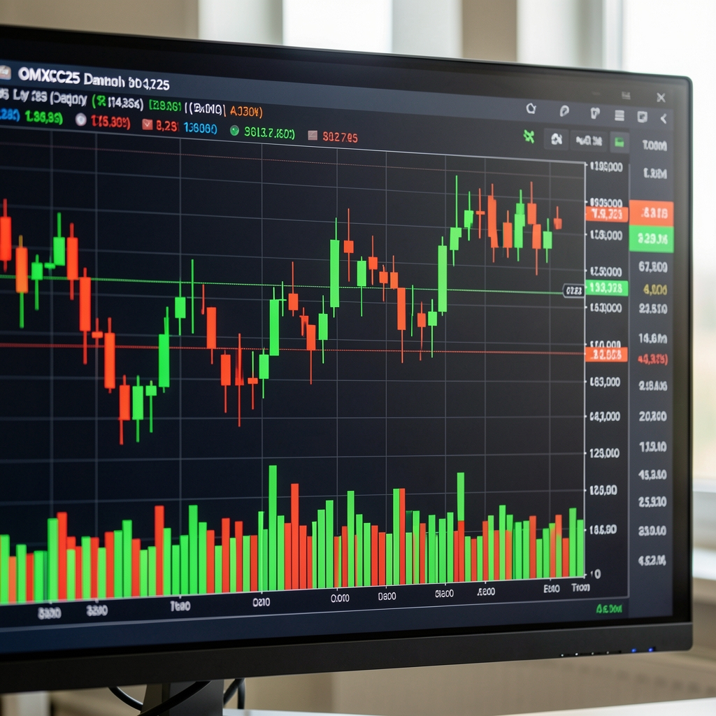 Stock market screen displaying OMXC25 Danish equity index with green and red candlestick price chart and trading volume bars