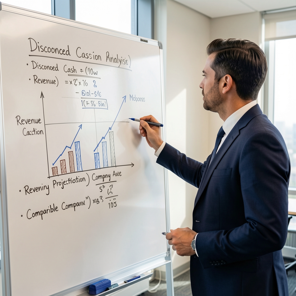 Financial analyst drawing on whiteboard with equity valuation model showing discounted cash flow calculations, revenue projections and comparable company analysis metrics