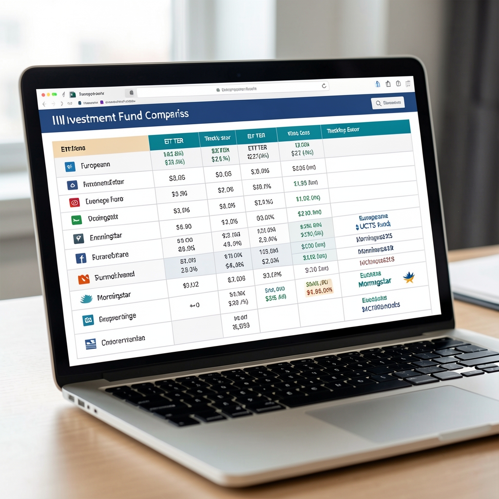 Investment fund comparison spreadsheet on laptop showing ETF TER costs, tracking error data, and Morningstar ratings for European UCITS funds