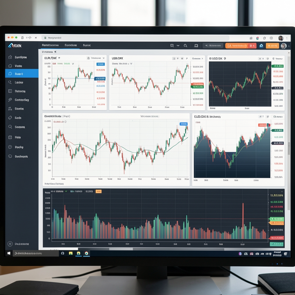 Currency exchange rate analysis dashboard showing EUR/DKK, USD/DKK and major forex pair charts on professional trading terminal