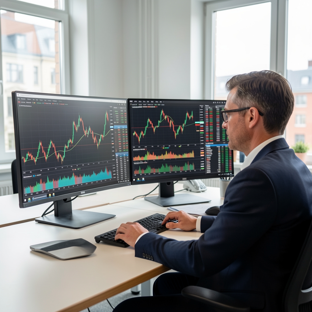 Professional financial analyst reviewing multiple monitor screens showing stock charts, candlestick patterns and market data in a modern Copenhagen office