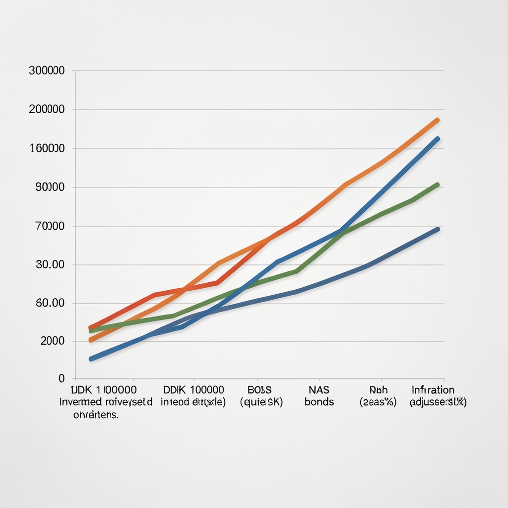 Line chart comparing nominal vs real investment returns over 30 years showing growth of DKK 100000 invested in equities bonds and cash with inflation adjusted lines
