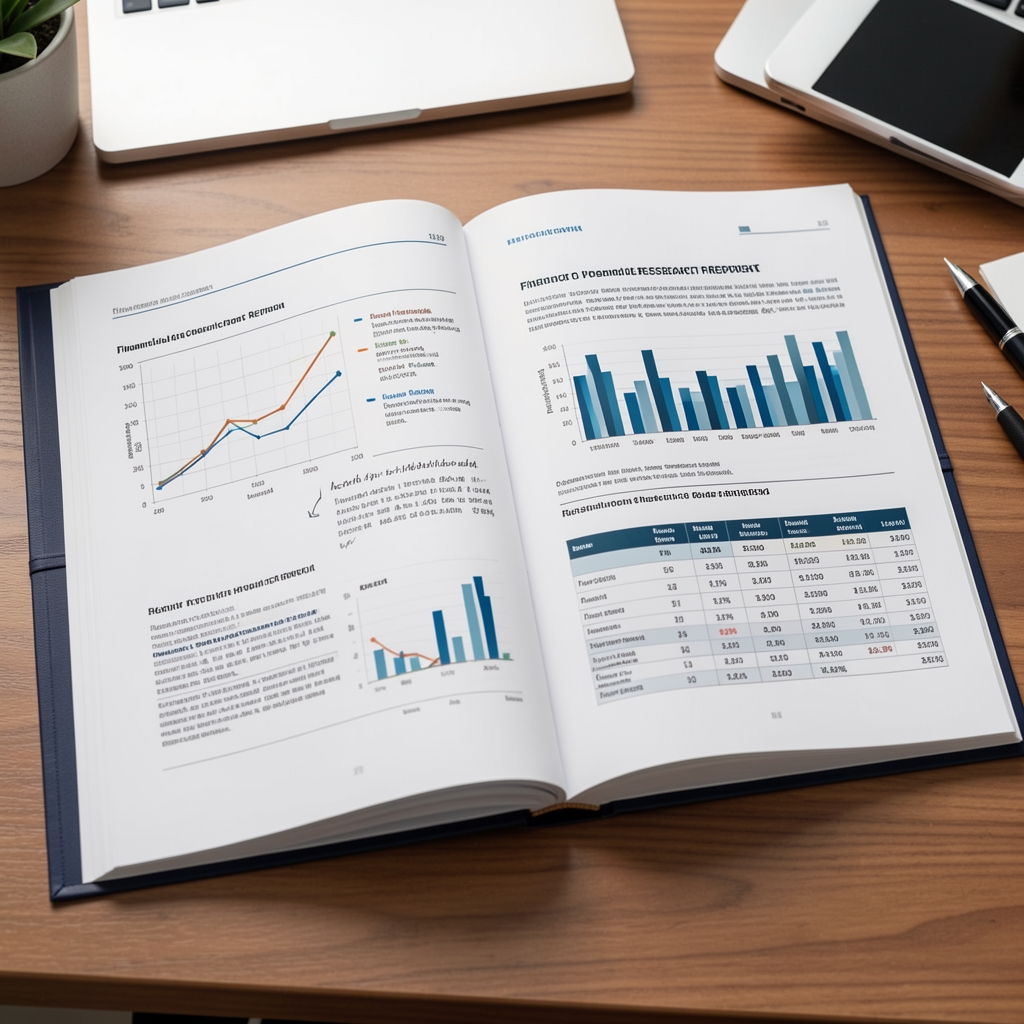 Open financial research report on desk showing charts graphs and data tables with analyst notes professional investment research document