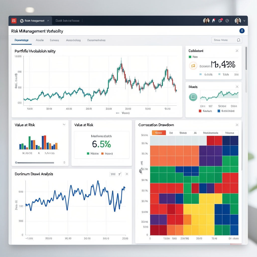 Risk management dashboard showing portfolio volatility chart, value at risk metrics, maximum drawdown analysis, and correlation heatmap for investment portfolio monitoring