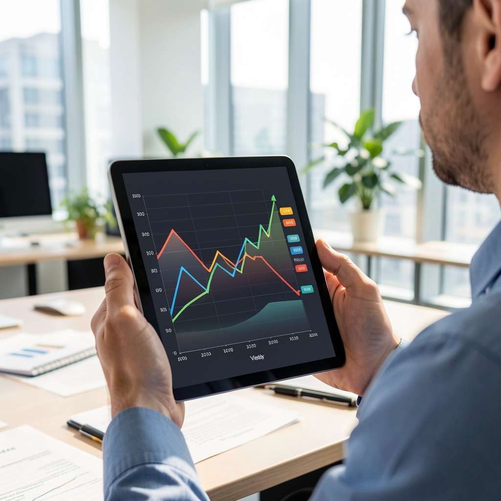 Abstract visualisation of bond yield curves and interest rate data displayed on a tablet screen held by a financial researcher in a bright office
